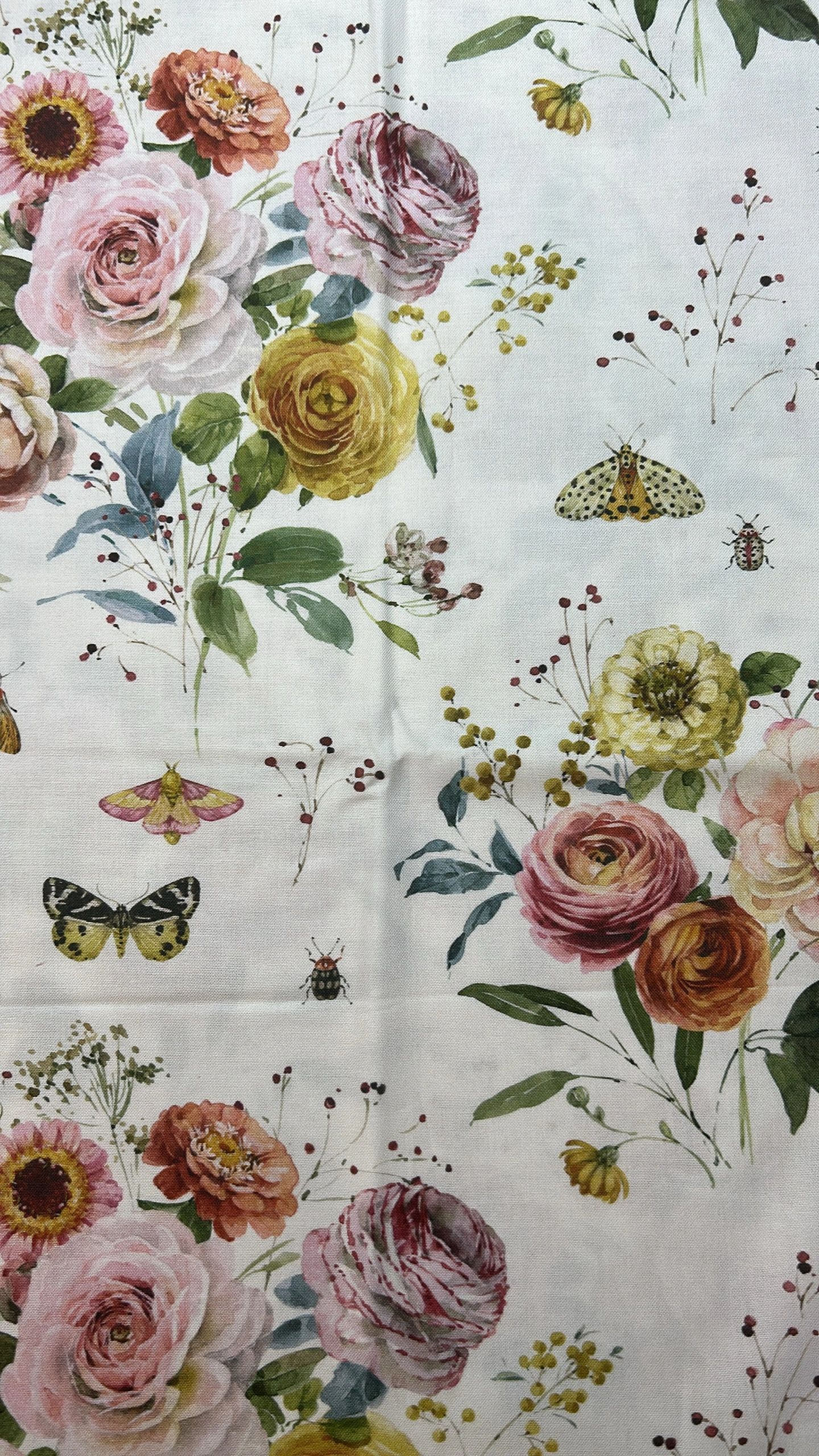 Close up of floral quilting fabric with botanical pattern